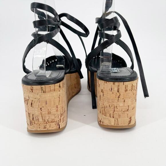 Prada Black Raffia Crochet Logo Wedge Leather Lace Up Ankle Tie Sandal IT 41 - Picture 11 of 13